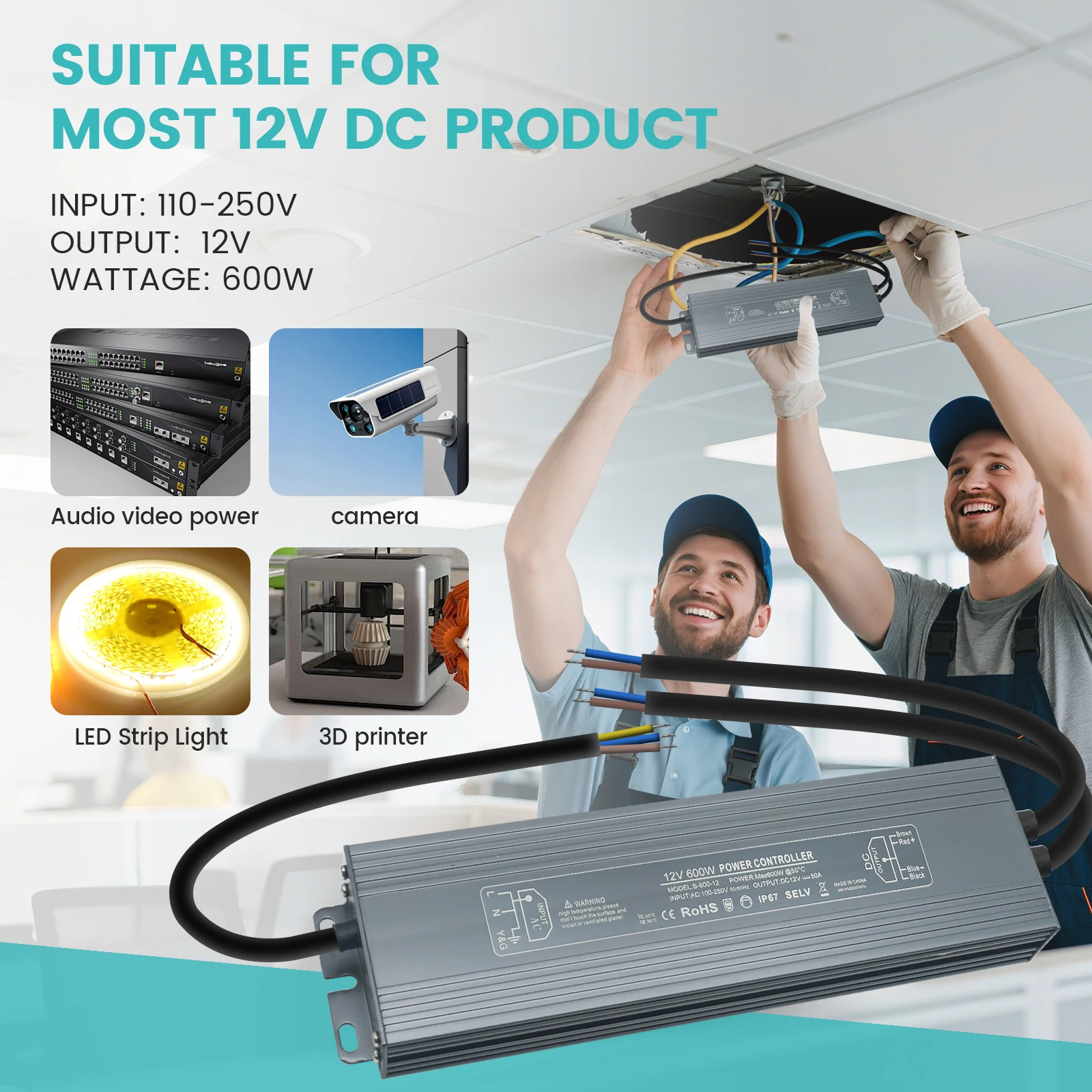 IP67 Waterproof Power Supply AC110-250V to DC 12V 24V 60W 100W 200W 300W 400W 500W 600W Outdoor LED Lighting Transformer Driver