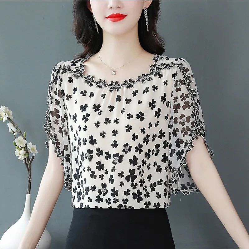 Korean Fashion Summer Women\'s Round Neck Printing Bow Bright Line Decoration Elegant Short Sleeve Loose Chiffon Shirt Tops