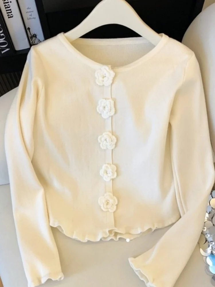 Suéter coreano Sle dulce de punto con flores en 3D para mujer, ropa interior versátil ajustada, ropa exterior, recién llegado de invierno