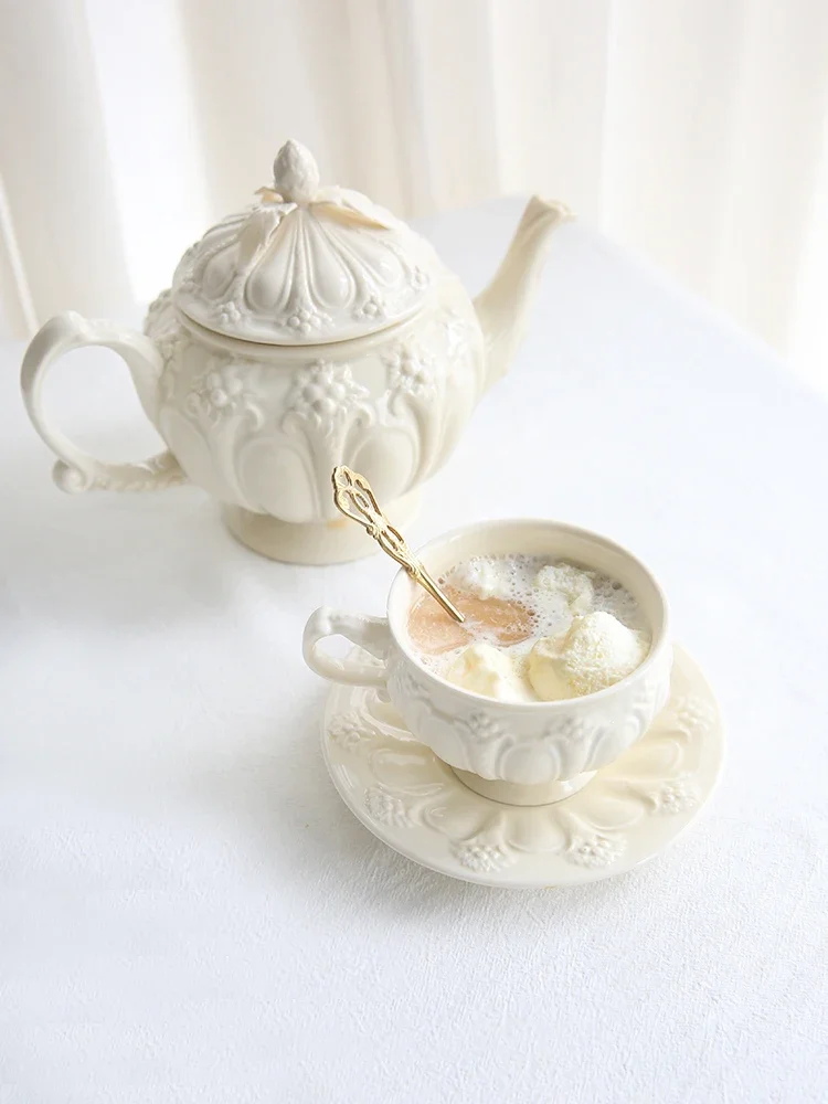 

Ceramic Coffee Cup Saucer, French Garden, Retro Cream Embossed, European Court, English Afternoon Tea, Black Tea Cup