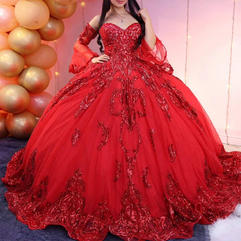 

Red Ball Gown Quinceanera Dresses Long Train Ruffle Princess Applique Lace Tulle Vestidos De 15 Años Birthday Party Sweet 16