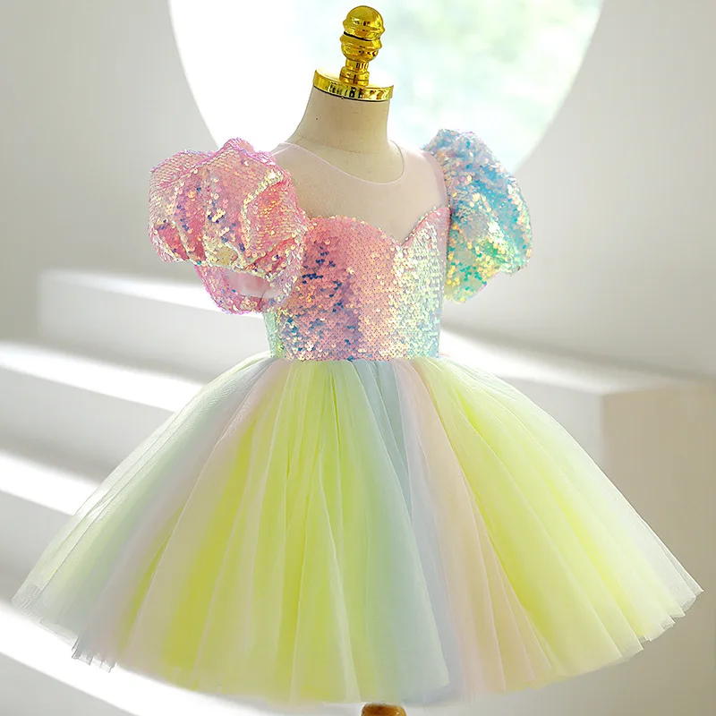 

Kids Girls Sequin Formal Dress 2023 New Summer Princess Prom Gown Fashion Colourful Mesh Children Dress Birthday Party Gift