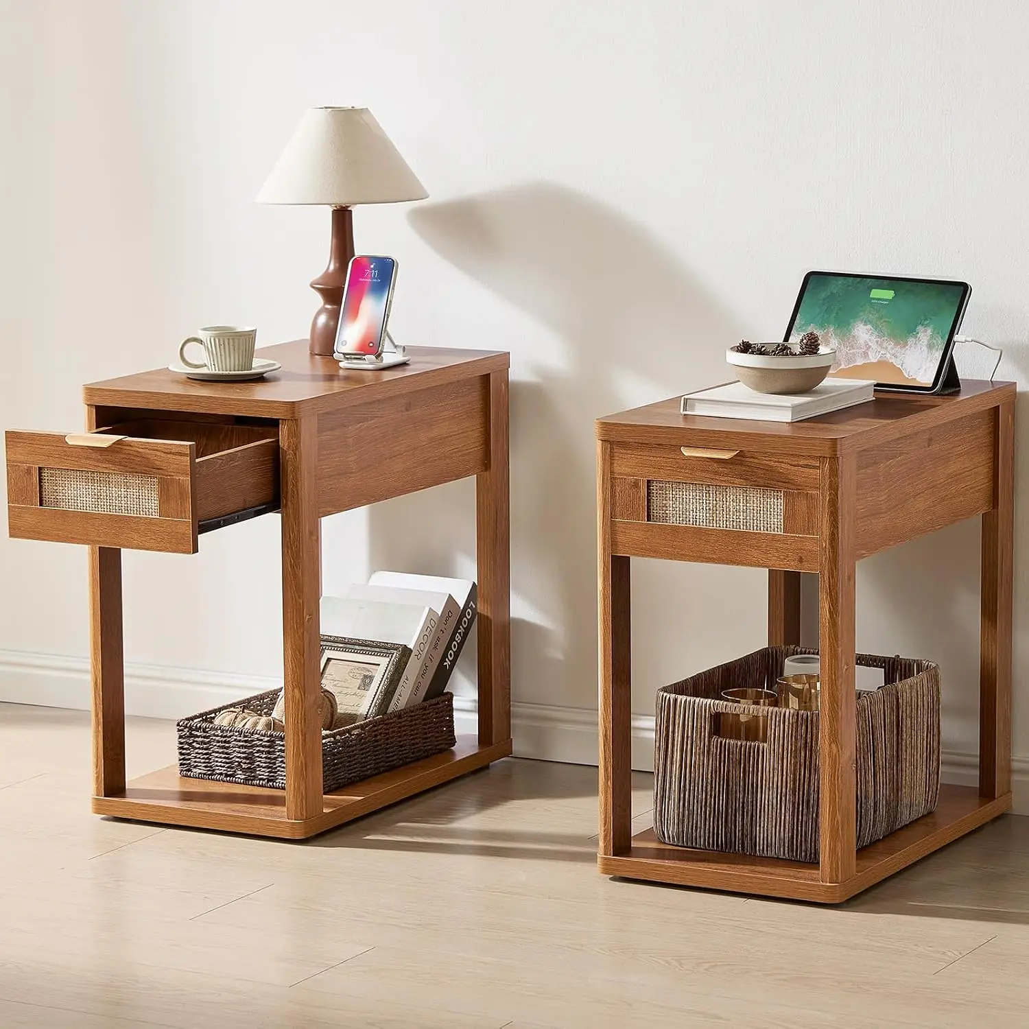 Narrow Side Table Set 2 with Charging Station Rattan 24x14