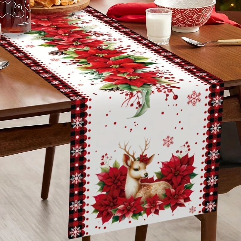 1 Piece of Christmas Elk Flower Painted Table Runner, Painted with Poinsettias, Elk and Christmas Elements on a White Background, Suitable for Christmas Dinners, Family Gatherings, Holiday Parties, Themed Cafes, Home Decorations, Christmas Markets, Warm Tea Parties, Holiday Gifts