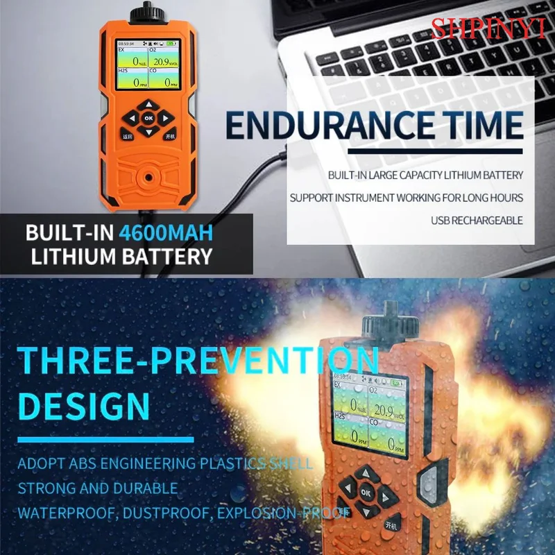 เครื่องตรวจจับก๊าซแบบปั๊ม CO O2 H2S EX เครื่องวิเคราะห์ก๊าซแบบพกพาหน้าจอสีพร้อมปั๊มแบตเตอรี่ลิเธียมแบบชาร์จไฟได้ในตัว