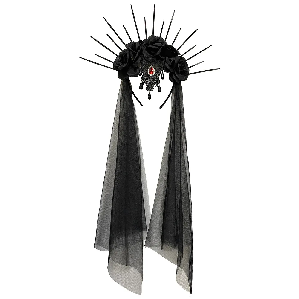 AniLV Halloween Carnival Night Gothic Ghost Bride Veil Headband Witch Dark Vampire Queen Flower Headwear Cosplay