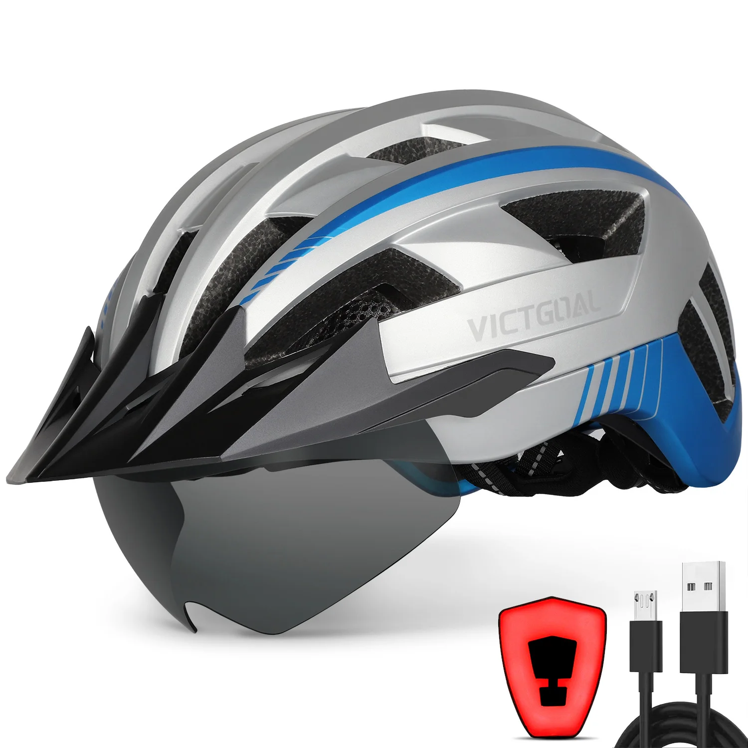 Cascos de Ciclismo VICTGOAL para Adultos con Visera y Gafas, para Hombres y Mujeres, con Luz Trasera USB, Cascos de Seguridad para Bicicleta de Montaña, Bicicleta de Carretera y Scooter Eléctrico