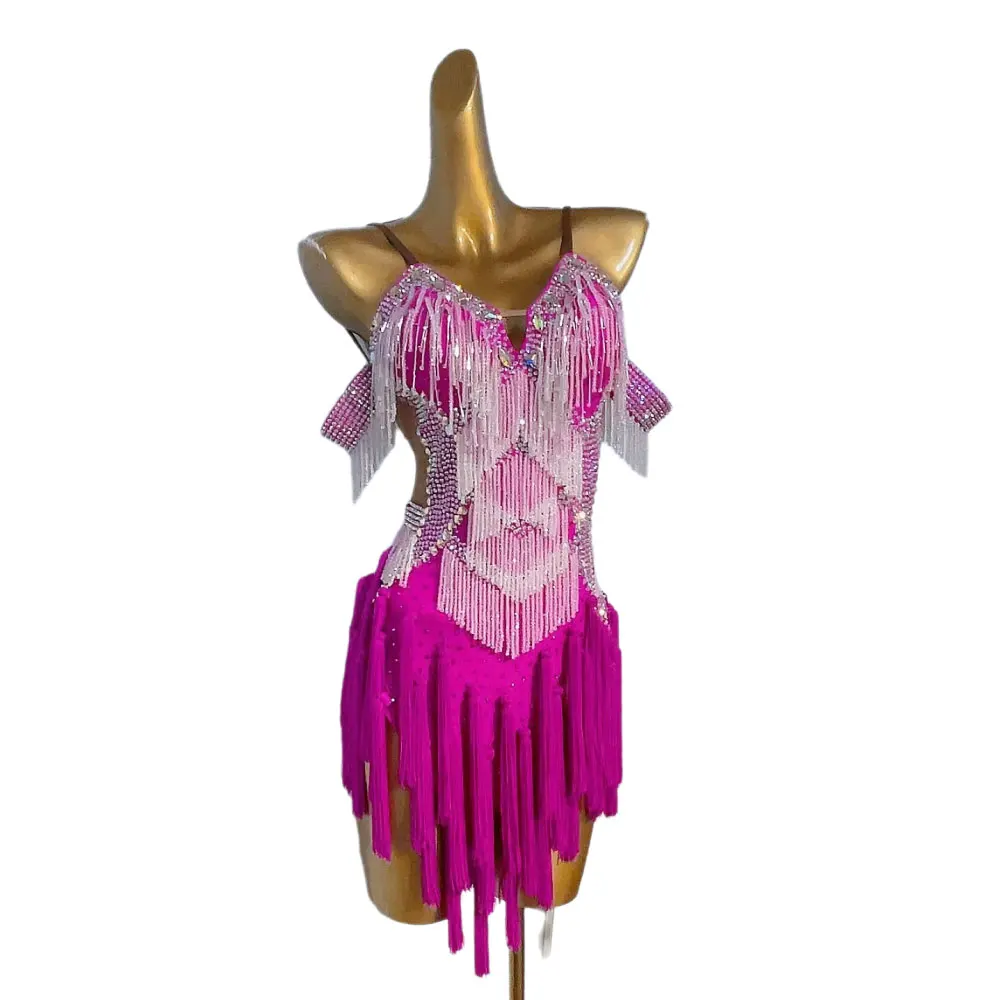 Костюм для латинских танцев со стразами, женское высококачественное платье на заказ с кисточками и подтяжками для самбы, платье для выступлений