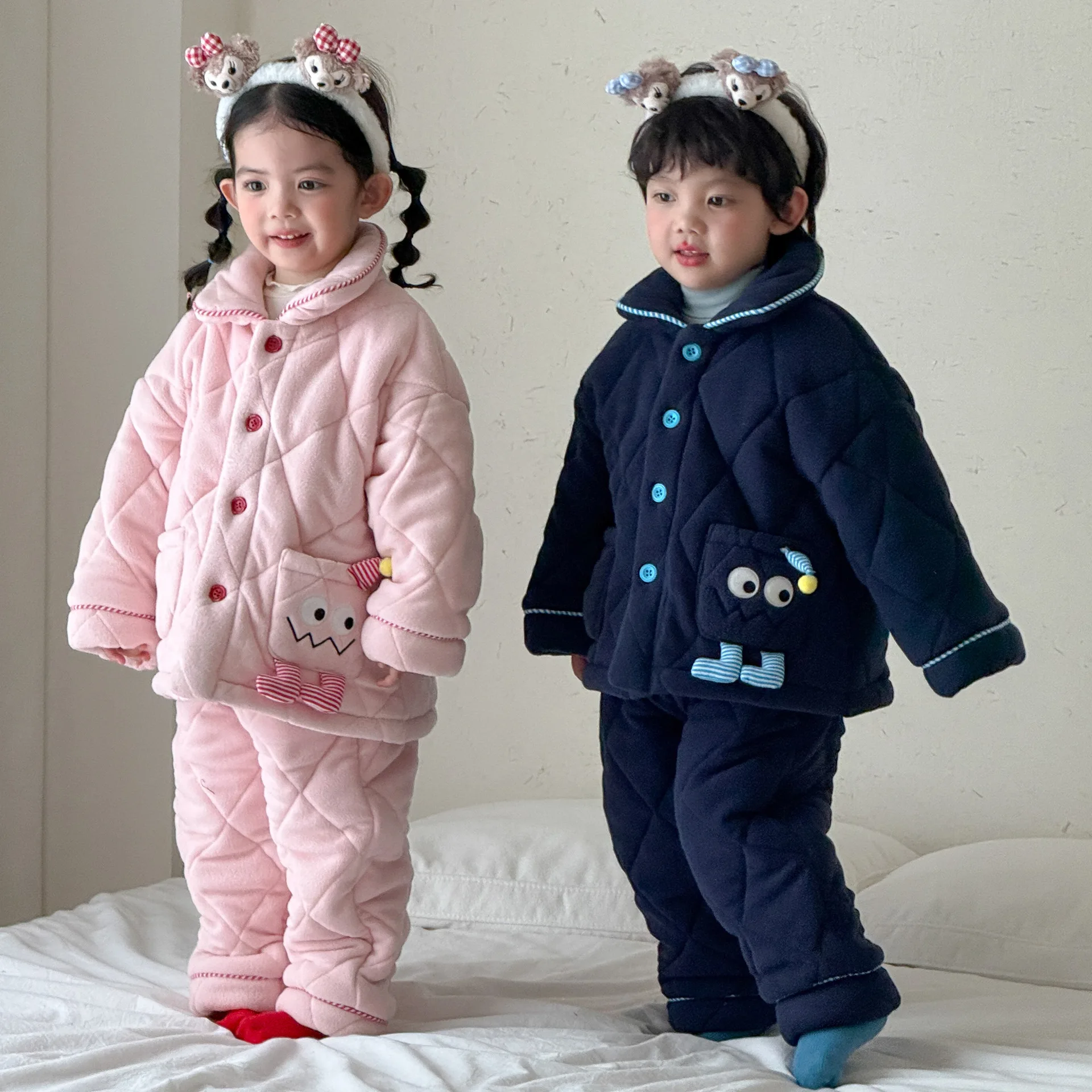 2026 Winter New Children Plus Velvet Thick Home Clothes Set Boys Girls Tops + Pants 2pcs Suit Kids Warm Pajamas Outfits