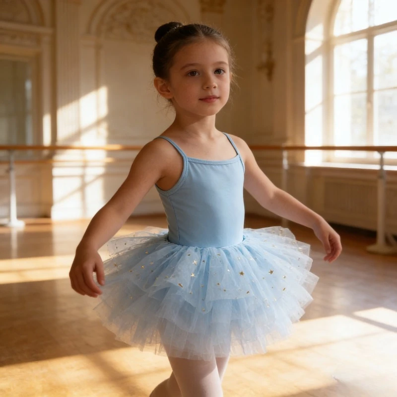 Girls Star Print Mesh Ballet Dress Princess Performance Outfit Spring Summer