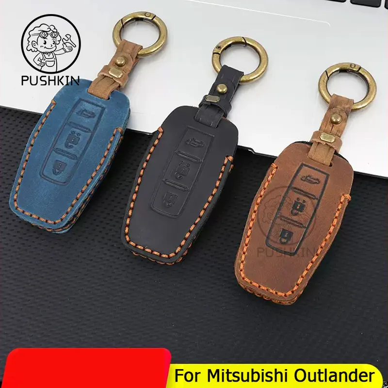 

2/3 Bottons Leather Car Key Case Fob Cover Shell Keychain for Mitsubishi Outlander 2023 Car Smart Remote Key Holder Accessories