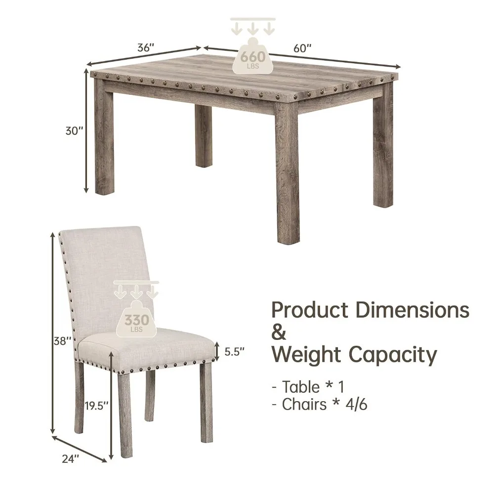 7 Piece Rustic Wooden Dining Set, Mid-Century Modern Table & Chair Set for Spacious Dining Rooms and Entertaining Guests, Custom