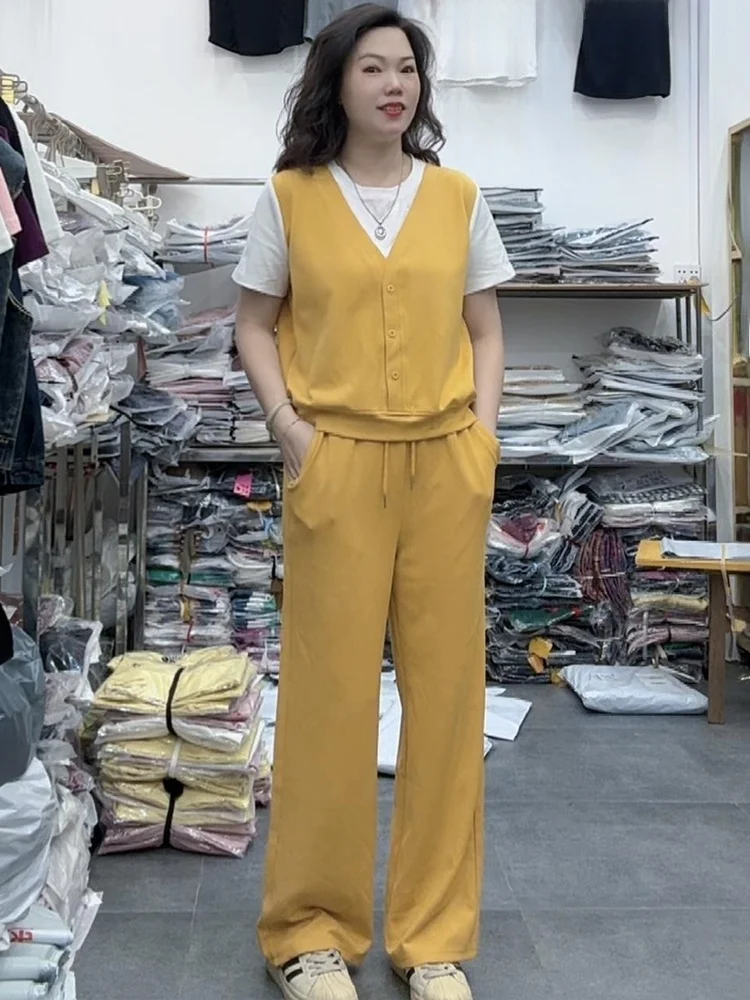 

Модный спортивный костюм для женщин: комплект из двух предметов с широкими брюками, летний повседневный стиль, дышащий хлопок