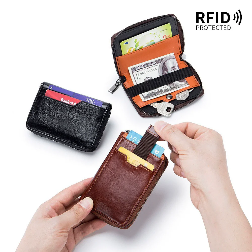 Genuine Leather Retro Men's Small Vertical Wallet, RFID Blocking Pull-Out Card Holder with Zipper Money Clip & Multi Card Slots