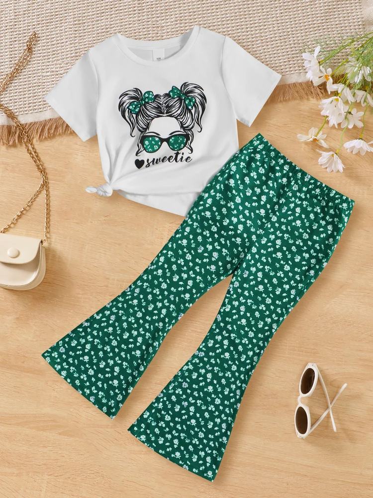 Girl's 2pcs T-shirt & Flared Pants Set, Anime Sunglasses Girl SWEETIE Print Short Sleeve Top, Floral Pattern Trendy Casual Outfi