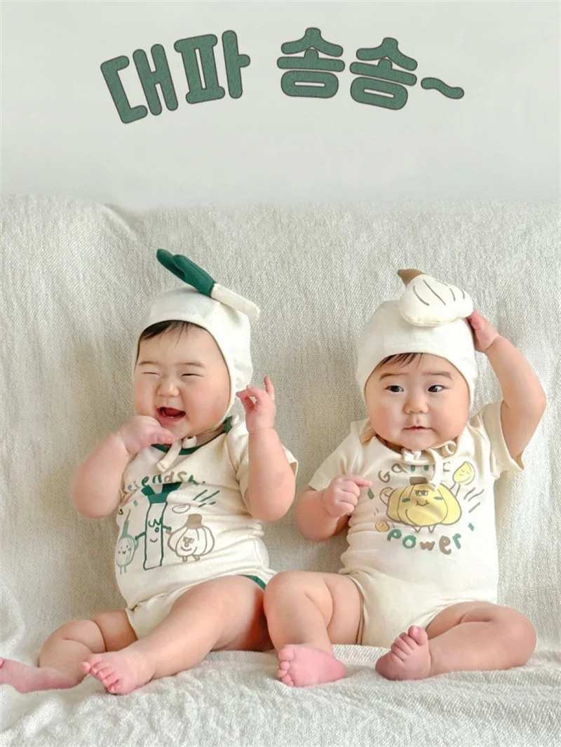 Funny Summer Baby Boy Girls Clothes Korean Romper Bodysuit Cotton Short Infant Scallion Pattern Onesie Jumpsuits With Hat 2024