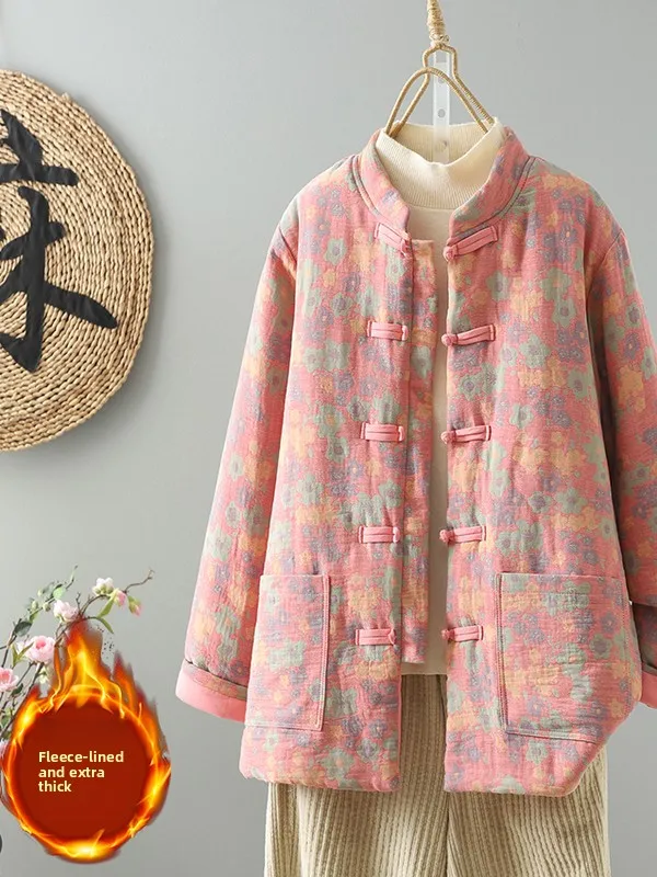 

New Chinese Sle Cotton Jaet Women's Faion Brand Clothing Stand Collar Embroidered Button Thi Winter Outerwear