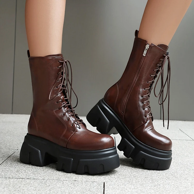 REAVE CAT 8cm Heel 5.5cm Platform Mortorcycle Boots Midcalf Autumn Strap Up Antislip Shoes Big Size 41 42 43 44