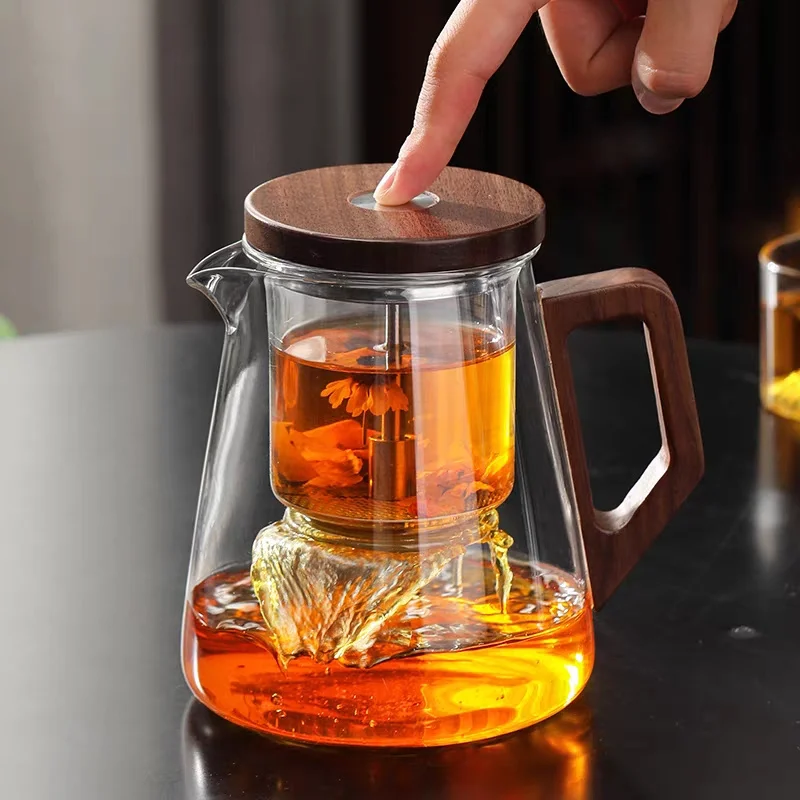 ﻿ One Click Tea Separation Filtration Glass Teapots With Wood Handle Household Brewing Puer Oolong Tea Pot Kungfu Tea Set