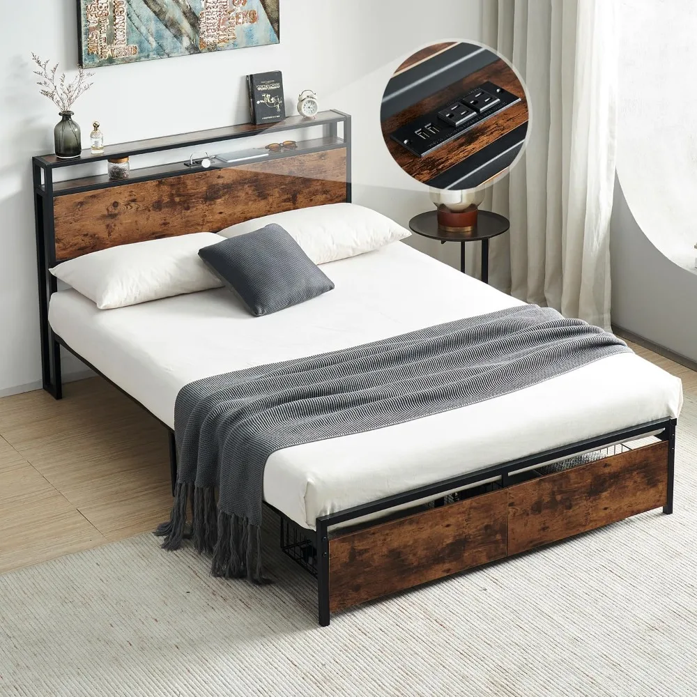 Virabit Bed Frame Full Size with Drawers, Full Platform Bed Frame with Headboard and Power Outlets, No Box Spring Needed, Easy A