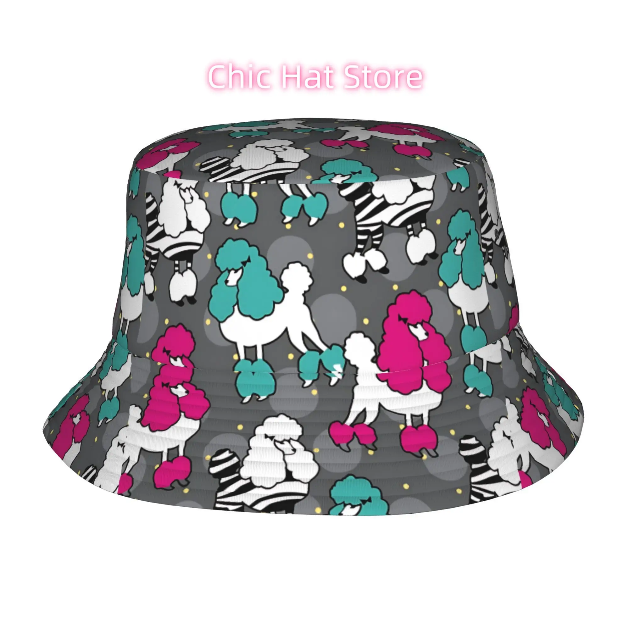 A Single Piece of a Vibrant, Fully Printed Poodle-Themed Fisherman Hat, Suitable for All Genders, Ideal for Outdoor, Stylish Buc