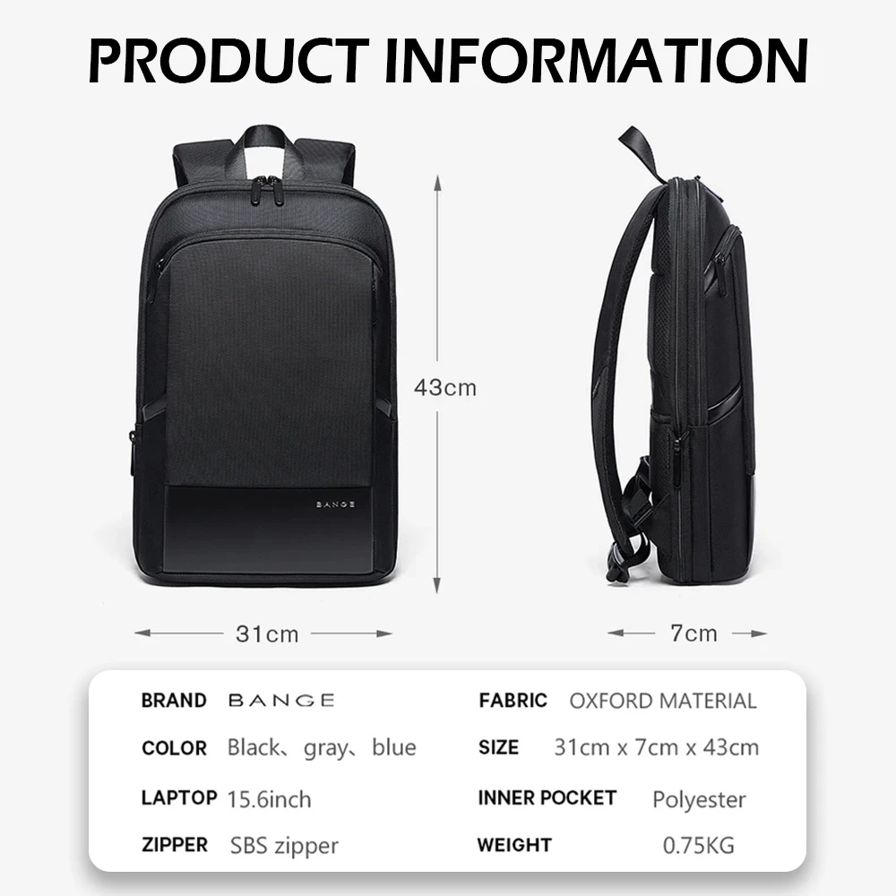 BANGE Slim 15.6'' Laptop Waterproof Backpack Men's Business Backpacks Lightweight Expandable College Daily Travel Back Pack Bag