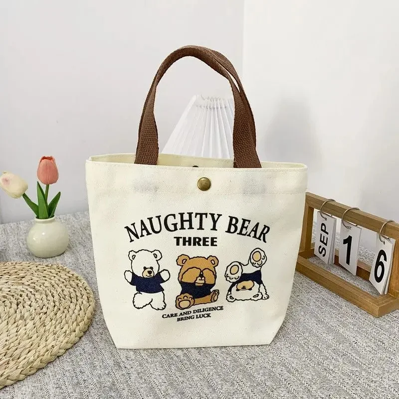 Cute Bear Canvas Mini Handheld Tote Bag Women Portable Lunch Bag Small Student School Handbag Ideal Gift Bag image 3