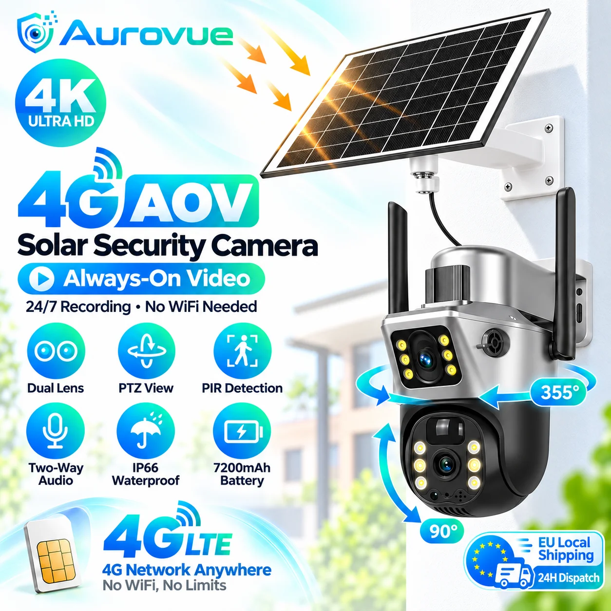 4K 8MP 4G Solarbetriebene Sicherheitskamera für Außenbereiche, Dual-Objektiv, PTZ, 7200mAh Akku, AOV, 24/7 ständige Videoüberwachung, PIR-Bewegungserkennung, Zwei-Wege-Audio, IP66, Farbnachtsicht,