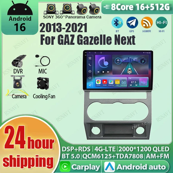 Android 16 Carplay Auto Car GPS Navigation Radio Multimedia Player For GAZ Gazelle Next 2016 2din Head Unit Player wifi+4G video