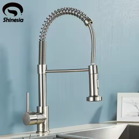 Shinesia Brushed Nickel Kitchen Faucet Deck Mounted Mixer Tap 360 Rotation Stream Sprayer Nozzle Kitchen Sink Hot Cold Taps
