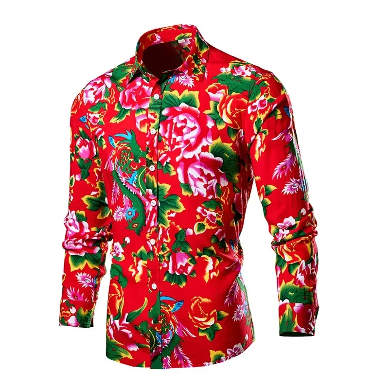 2025 New Men's Printed Long Sleeve Shirt, Single Breasted Lapel Shirt, Green, Black, White, Casual Shirt Asia Size M-6XL