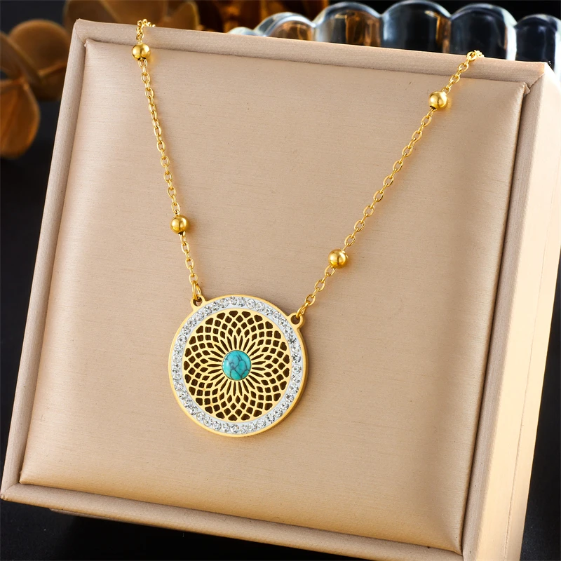 DIEYURO 316L Stainless Steel Turquoise Hollowed Out Leaves Golden Necklace Earrings Girl 2024 New Fashion Jewelry Set Party Gift