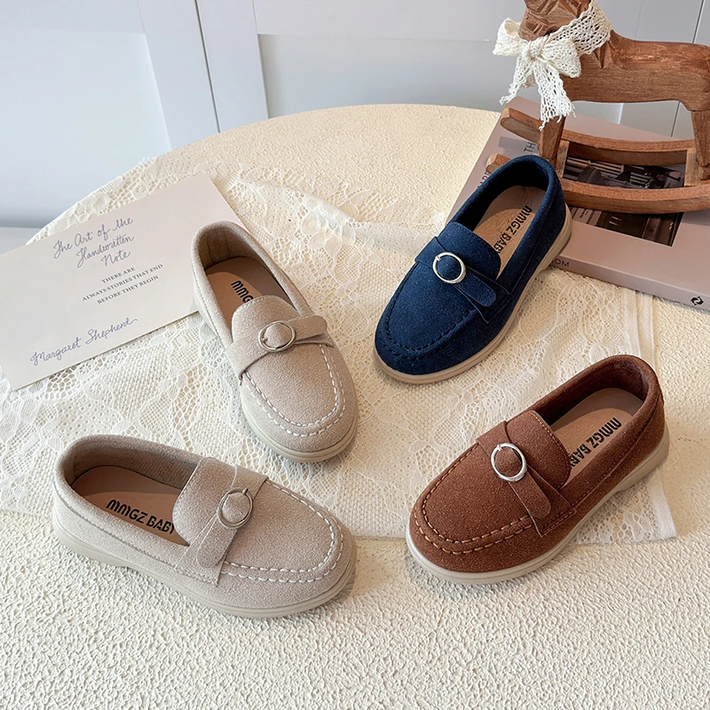 Kids Suede Loafers Boys Girls Slip on Flats Shoes with Round Metal Buckle Soft Sole Children Moccasin Shoes Non-Slip Size 21-35