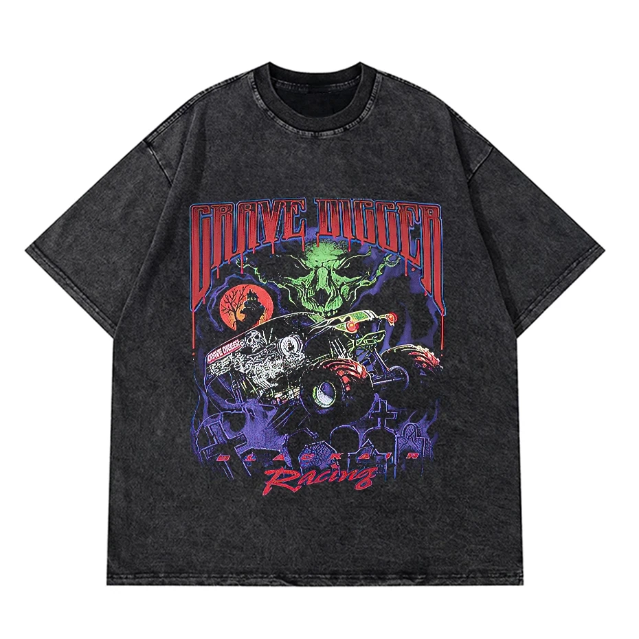

2025 Men's Retro Spring/Summer Washed Black Pure Cotton Top T-shirt Harajuku 2024 Street Hip-hop Hiohop for Men