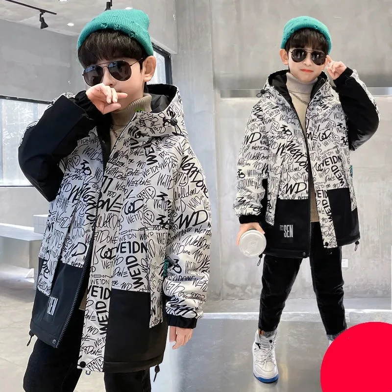 Boys Coat Jacket Overcoat Cotton 2022 Printed Warm Plus Velvet Thicken Winter  Christmas Children\'s Clothing