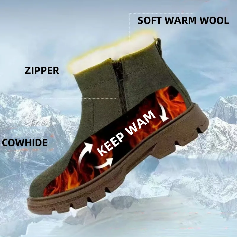 Fashion Side Zipper Men's Boots Warm Wool Soft Comfortable Snow Shoes Winter Outdoor Hiking Walking Working Anti-skid Ankle Shoe