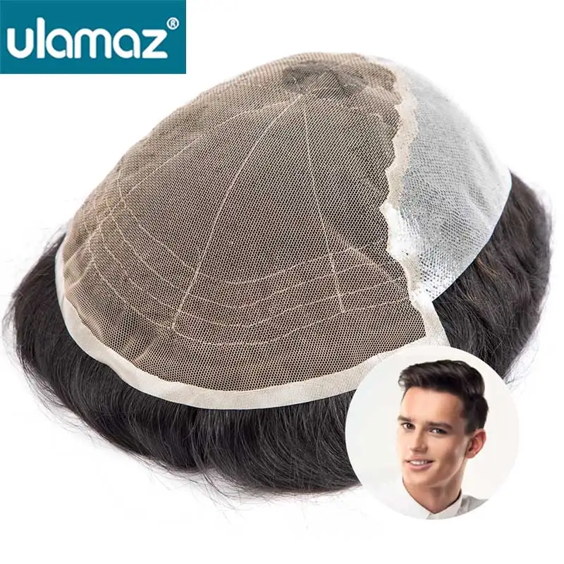 

Q6 Toupee Man Wig Capillary Male Hair Prosthesis Human Hair System Unit Skin Lace Wig Hair Replacement For Men Bleached Knots