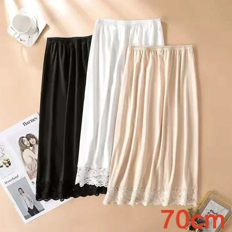 Vestido meio escorregadio para mulheres, seda fina de gelo, cintura alta, elástico, anti-penetração, forro underskirt, 3 comprimentos, verão