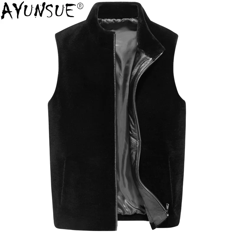 

AYUNSUE Sheep Shearing Jacket Men Winter Real Fur Coat Man Short Black Korean Wool Jackets Sleeveless Coats Manteau Homme SQQ817