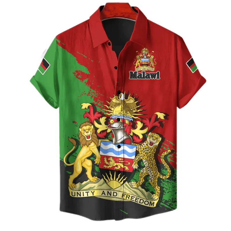 Malawi Flag Map 3D Print Short Sleeve Short Sleeve Casual Hawaiian Lapel Blouse National Emblem Blouses Africa Male Button Tops