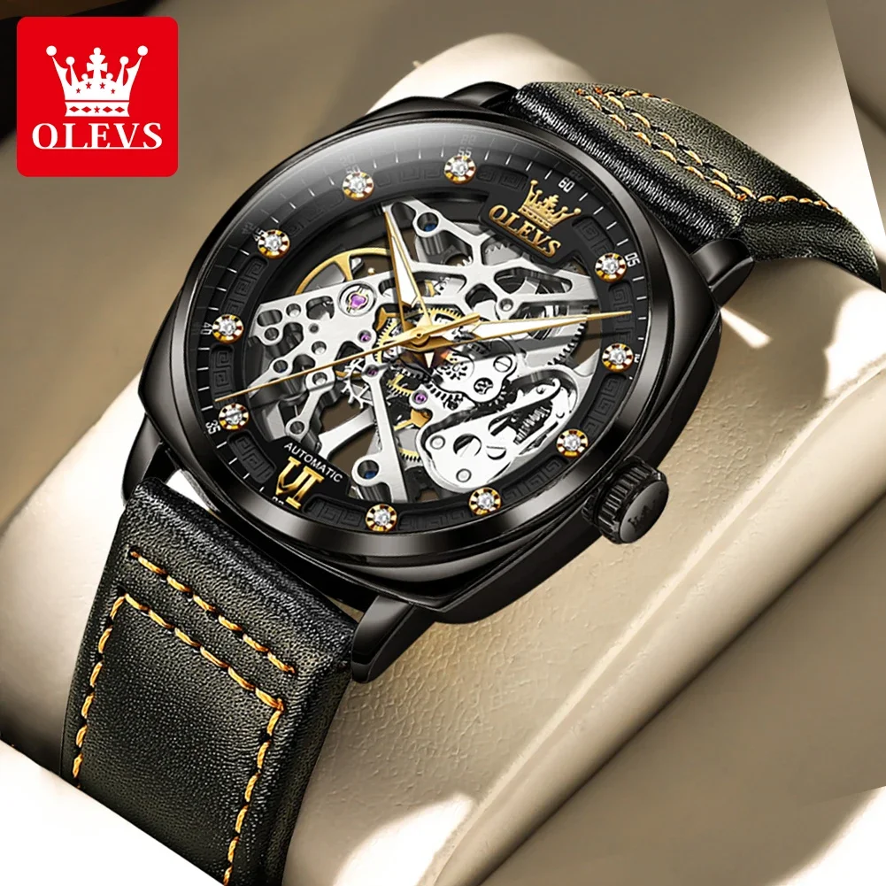 OLEVS-Reloj mecánico automático para Hombre, pulsera con correa de cuero, esfera de esqueleto, resistente al agua, luminosa, de negocios, a la moda