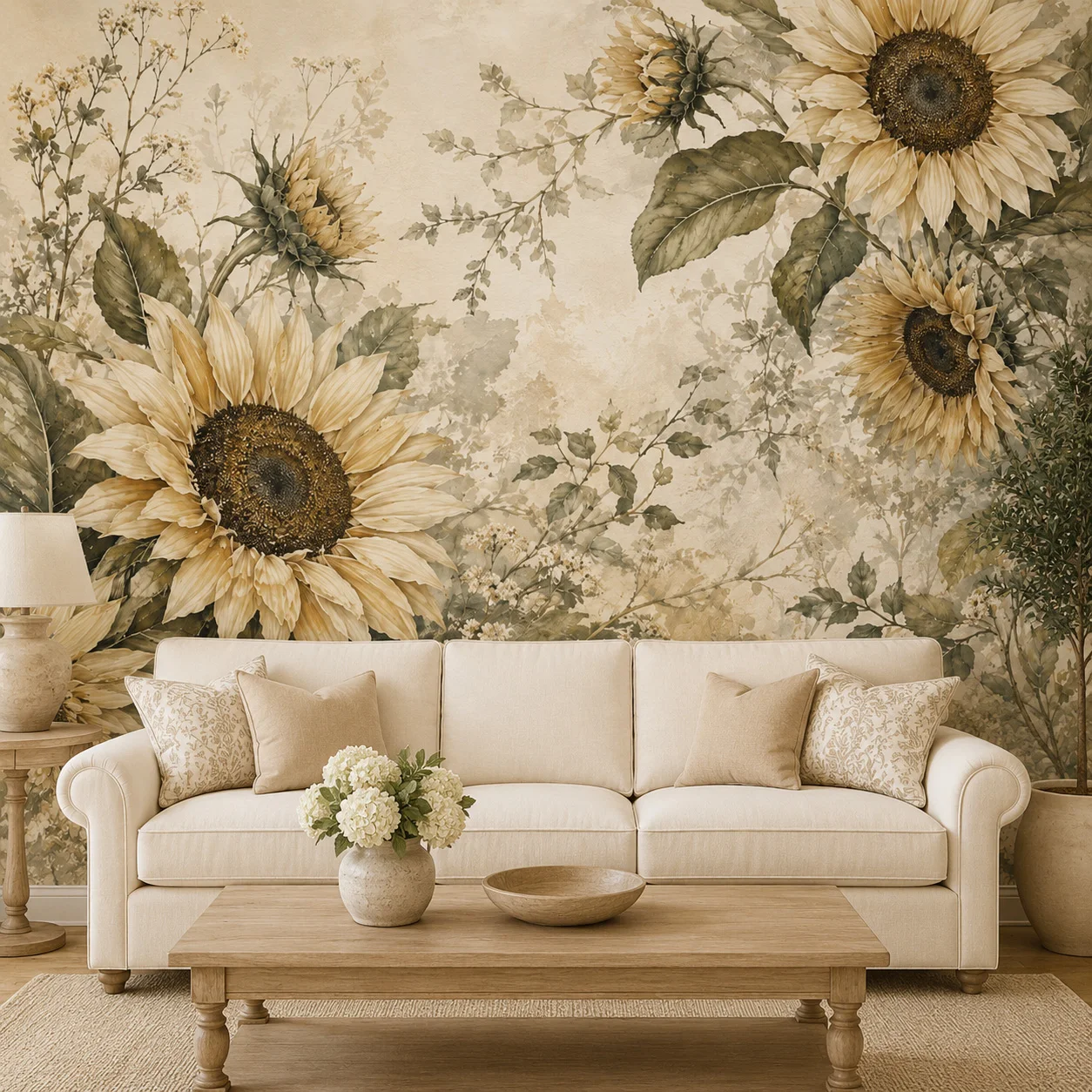 Vintage Sunflower Floral Mural Wallpaper Botanical Wall Art Beige Living Room Bedroom Non Self Adhesive Glue Required Home Decor