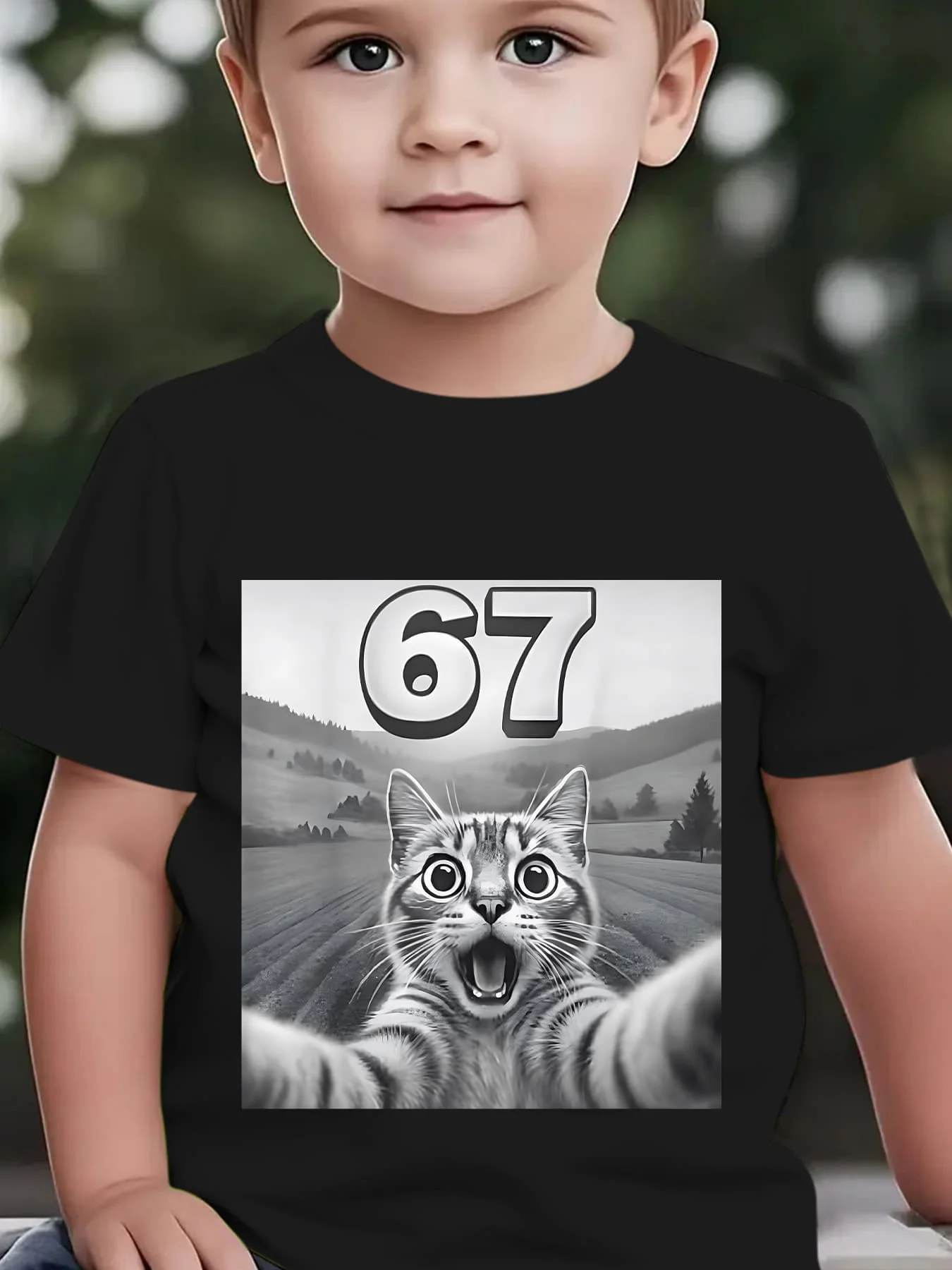 Black White Selfie Tabby Cat Number 67 Cute Animal Graphic Kids T Shirt Boys Girls Family Matching Summer Crew Neck Casual Tee