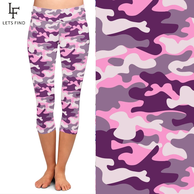 LETSFIND Summer  Pink Camouflage Digital Printing Capri Leggings High Waist  Fitness Soft Women Leggings