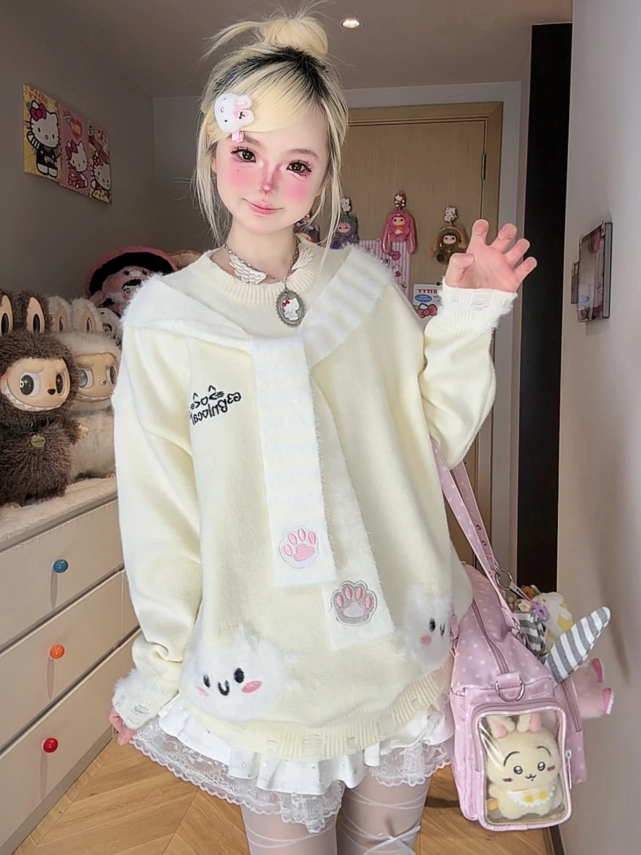 かわいいプルオーバーセーター女性のための秋と冬漫画刺繍ショールラウンドネック長袖ルーズフィット暖かいトップ