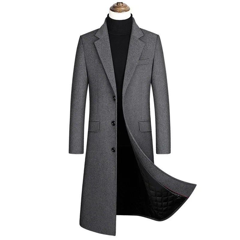 

2024 Long Trench Coat Men Autumn Winter Smart Casual Padded Warm Windbreakers Wool Blends Overcoat Men Single Breasted Jacket