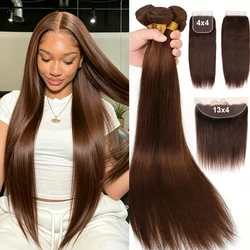Human Hair Bundles with Closure Chocolate Brown Straight Bundles 100% Human Hair Weaving 4x4 13x4 HD Lace Frontal Hair Extension