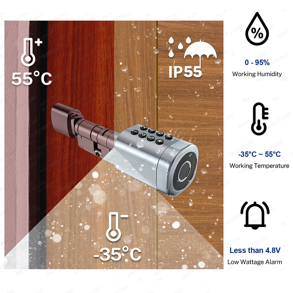 RAYKUBE C1 Smart Cylinder Lock Bluetooth Tuya / TTlock APP Fingerprint Code IC Card  Universal Easy Installation