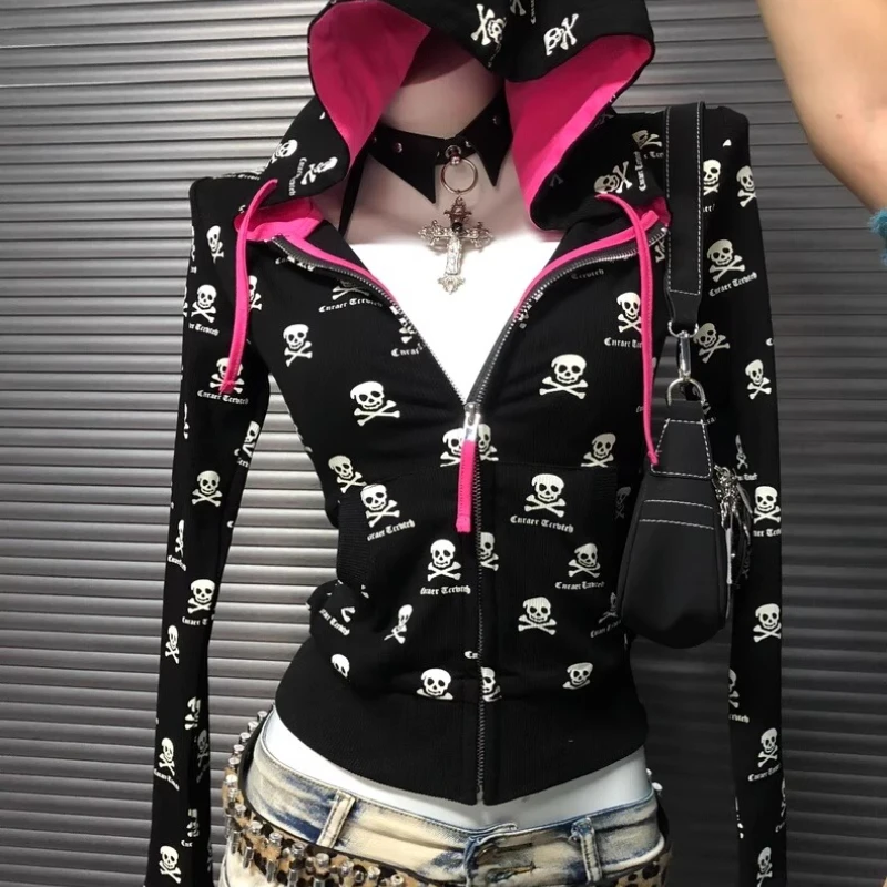 2025 Autumn New Black Subculture Gothic Rock Punk Y2K Hot Girl Women's Sweatshirts Original Design Hooded Top Jackets Ladies