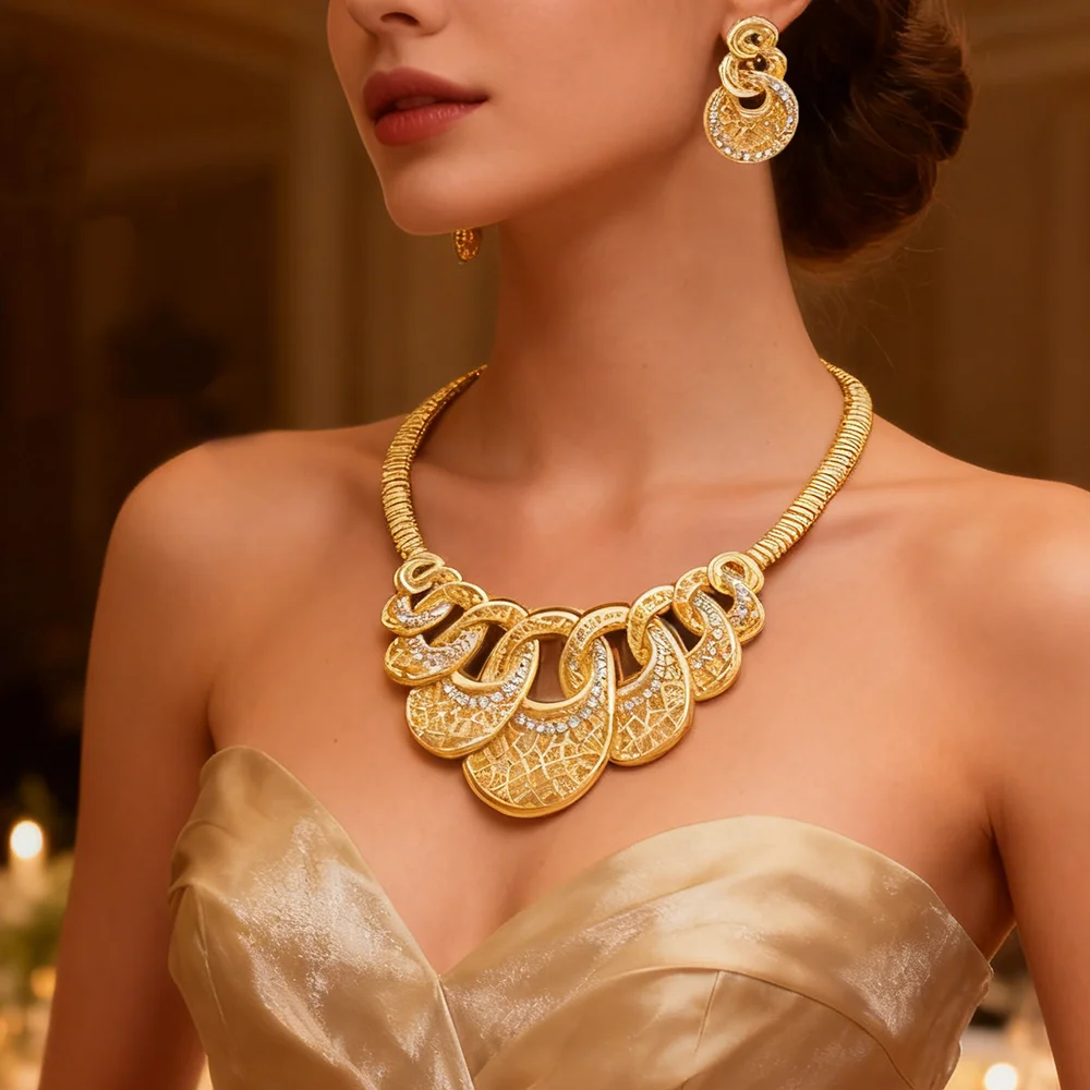 

18K Gold Plated wedding jewelry for woman Luxury Exquisite Zircon Necklace earrings Bracelet Ring set bridal accessories Gifts